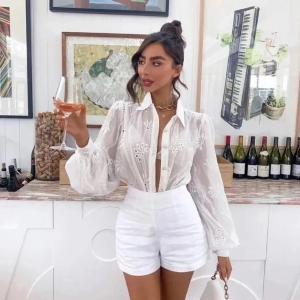SOLD OUT White Boho Floral Eyelet Button Up Blouse - Picture 1 of 15